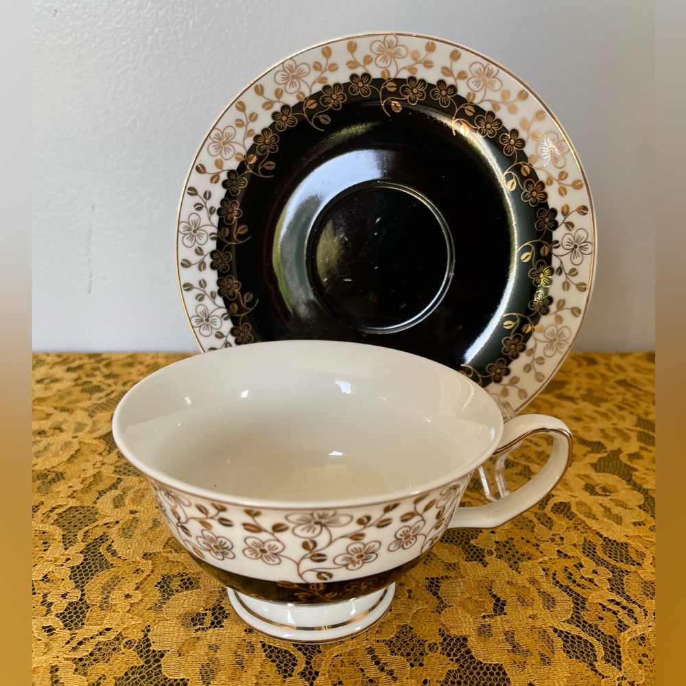 Grace's Teaware Elegant Black and Gold Floral Teacup and Saucer Set